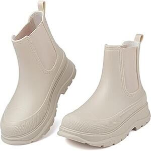 Eyushijia Women Size 9 Off White Tan Pull On Elastic Ankle Short Rain Boot Shoes